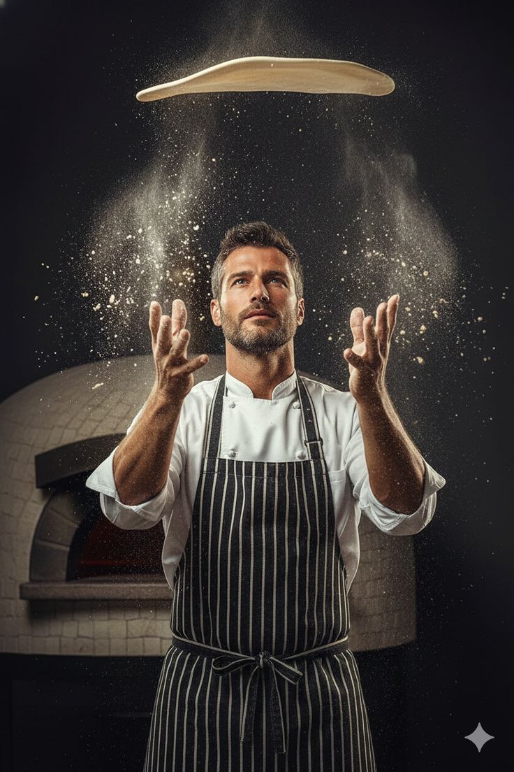 Chef tossing pizza dough in the air with flour around him.