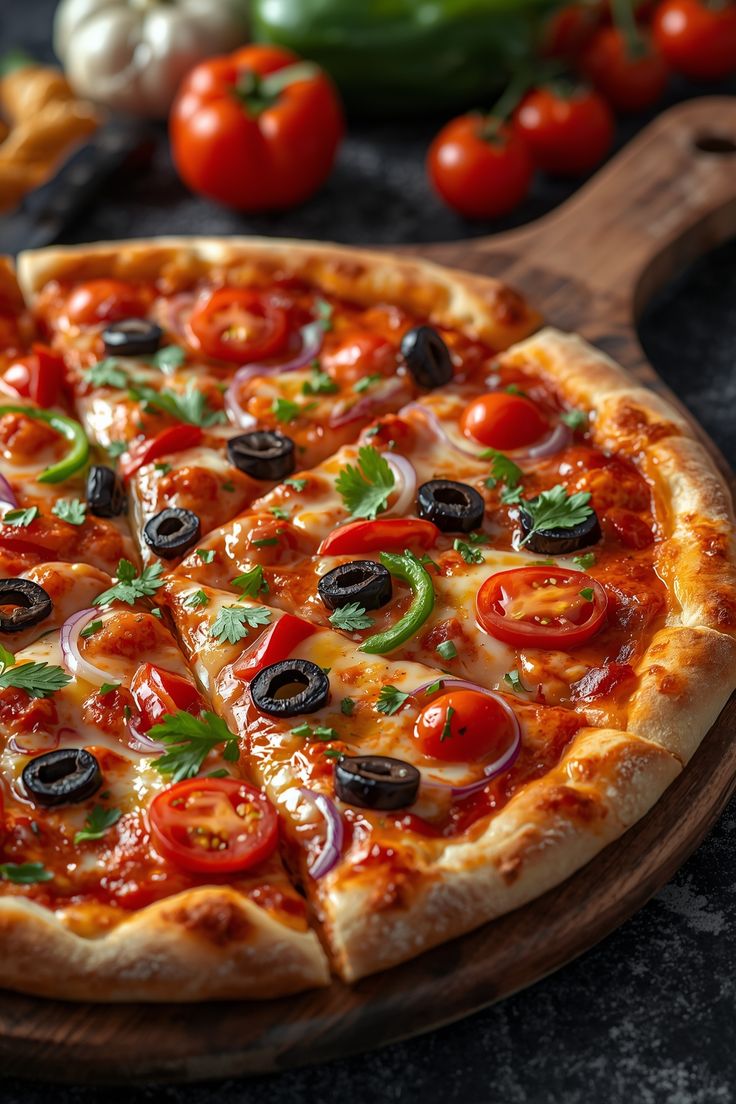 House-style pizza topped with cherry tomatoes, olives, peppers, and herbs on a wooden peel.