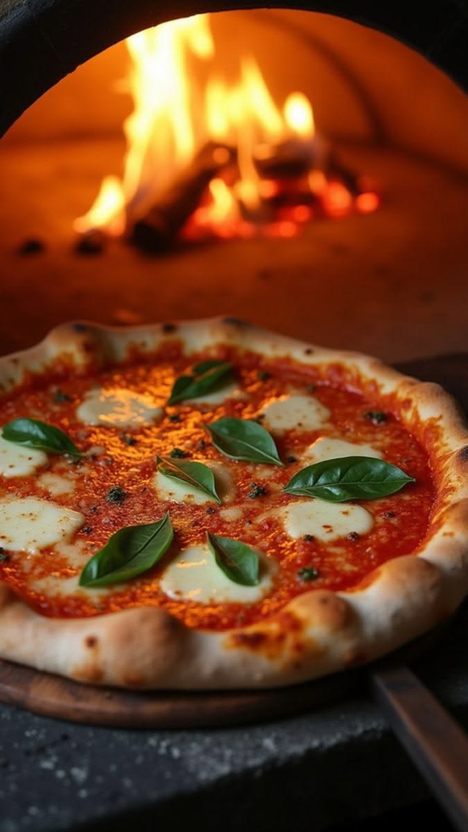 Margherita pizza in front of a wood-fired oven with basil leaves and melted mozzarella.