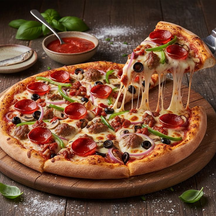 Meat-topped pizza with stretchy mozzarella being lifted from a wooden board.